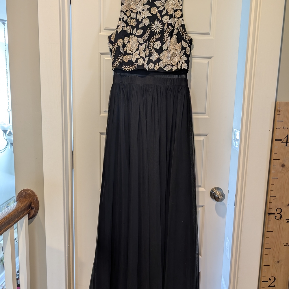 Betsy & Adam Black Dress with Gold Floral Design
